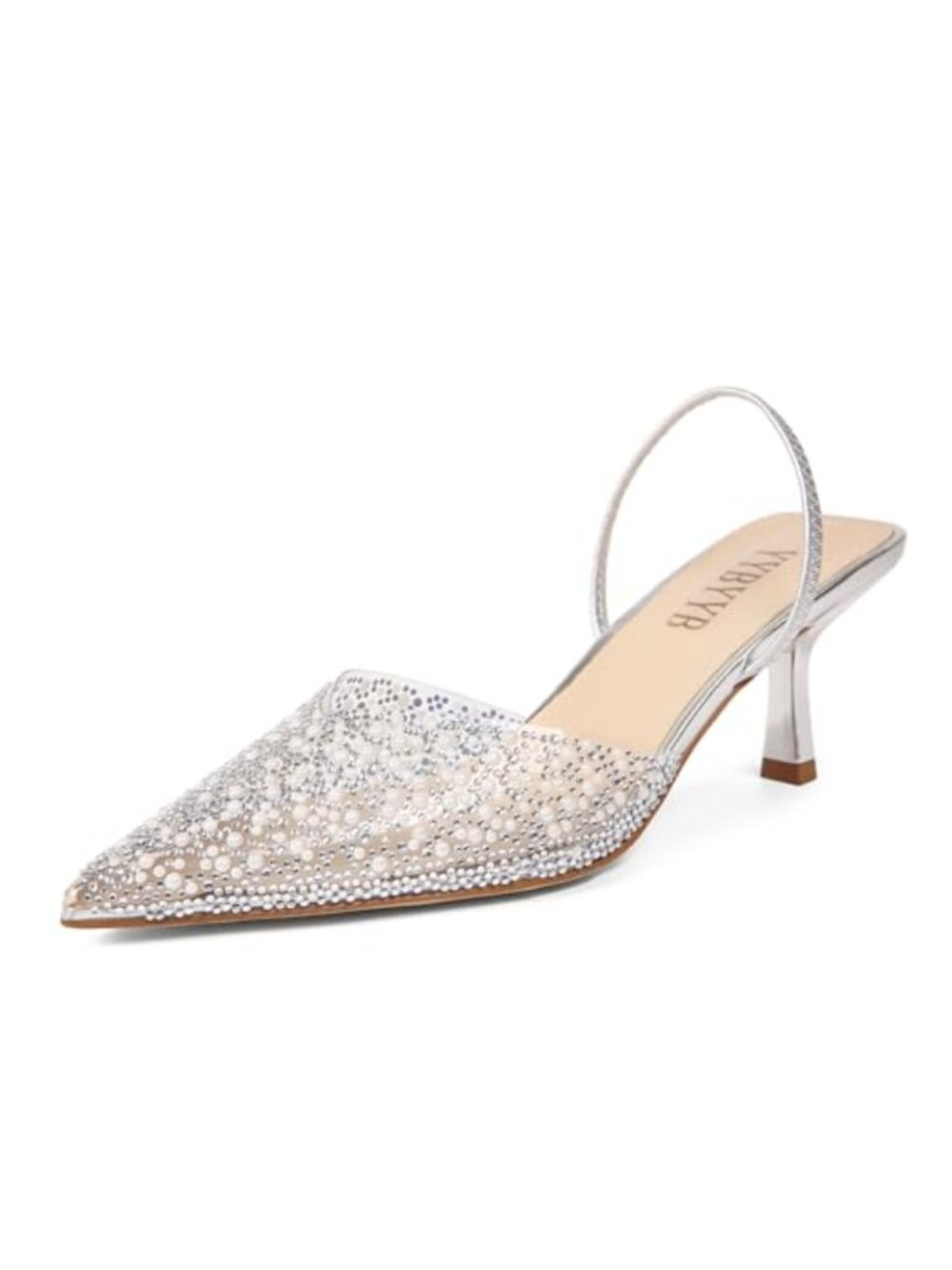Kitten Heels Pearl Pointed Toe Rhinestone Slingback Pumps Wedding Dress Shoes